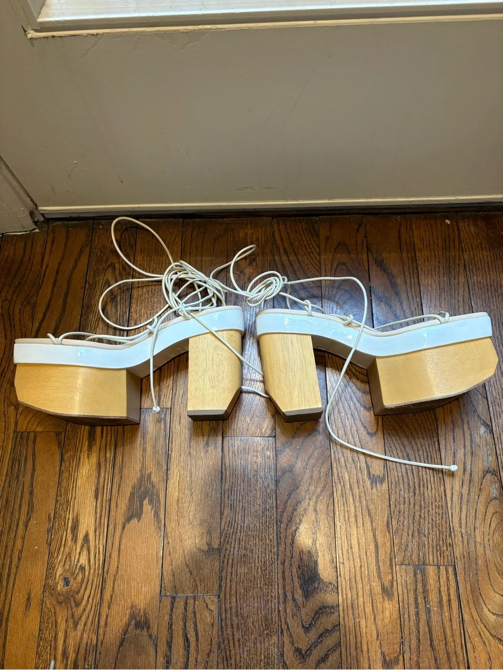 cult gaia White Strap Platform Sandal with Wood Block Heel